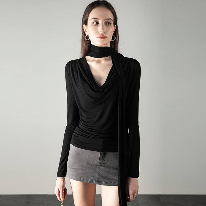 BLACK Solid Color Wave Collar One-Piece Halter Neck Scarf Top for wholesale on Faire