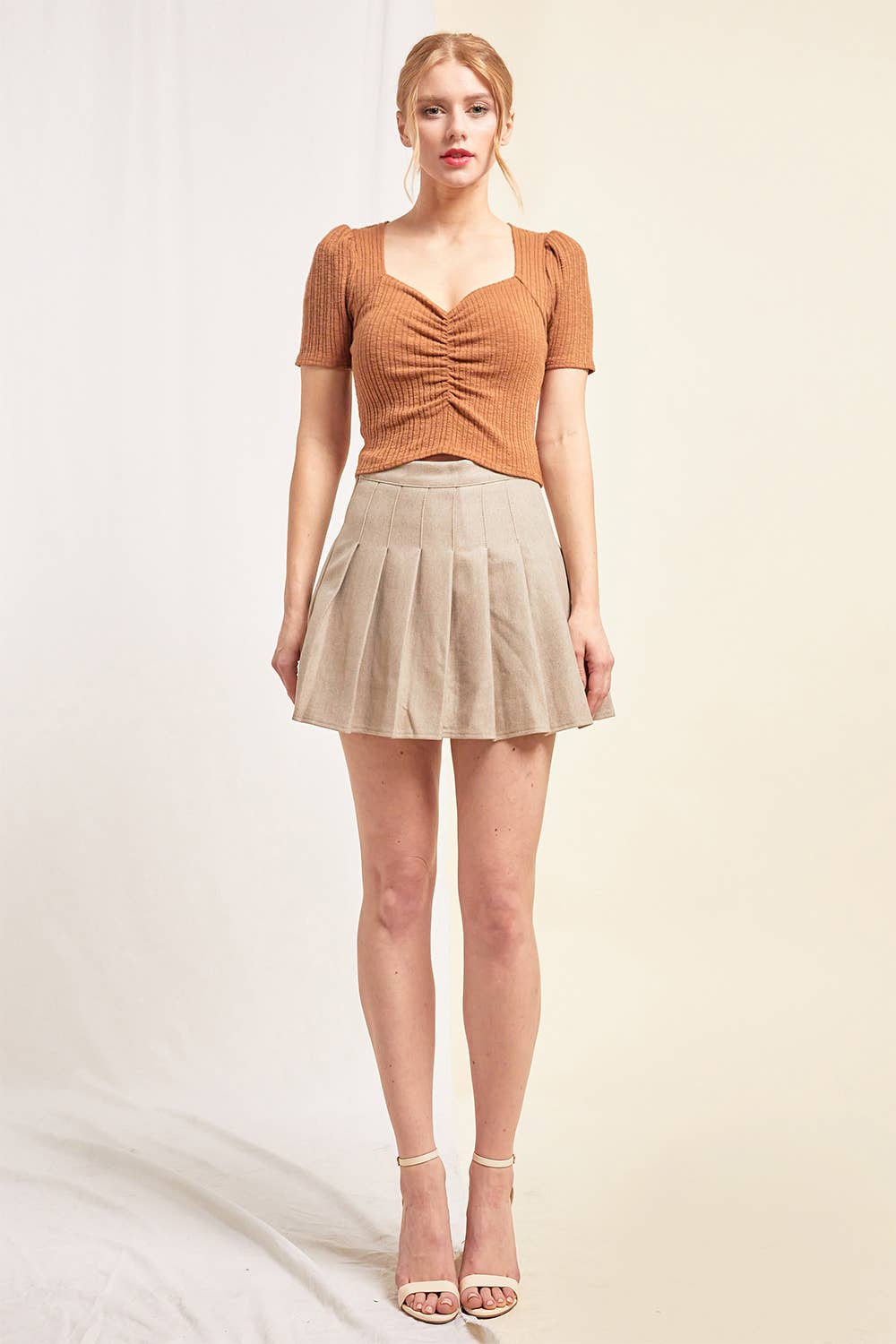 LENA - Wholesale Knit Top - Women's - Knit Rib Short Sleeve Sweet Heart Neck Cinched Top12