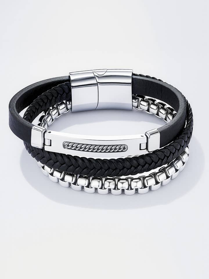 Leather and stainless steel bracelet 324OP78 for wholesale by BYREN | ÉLINE L'ATELIER