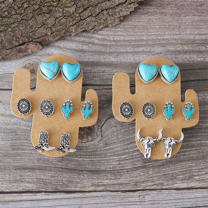 Sweet Cherry Sky - Wholesale Jewelry Set - Set of 4 Turquoise Stud Earrings Western Theme