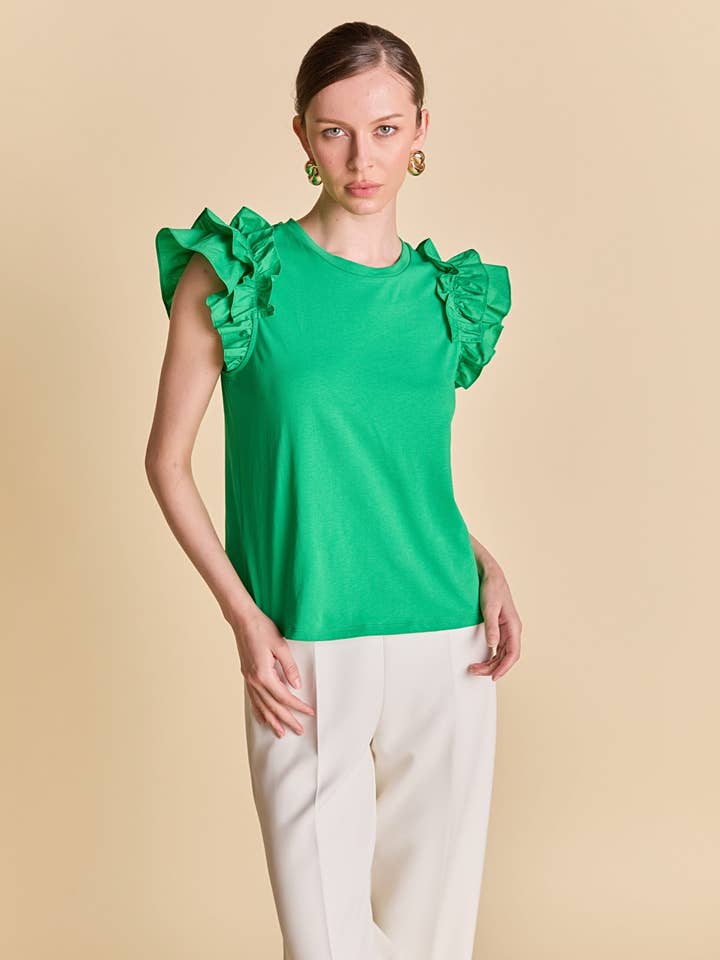 Mixed Media Ruffle Detail T-shirt for wholesale by English Factory