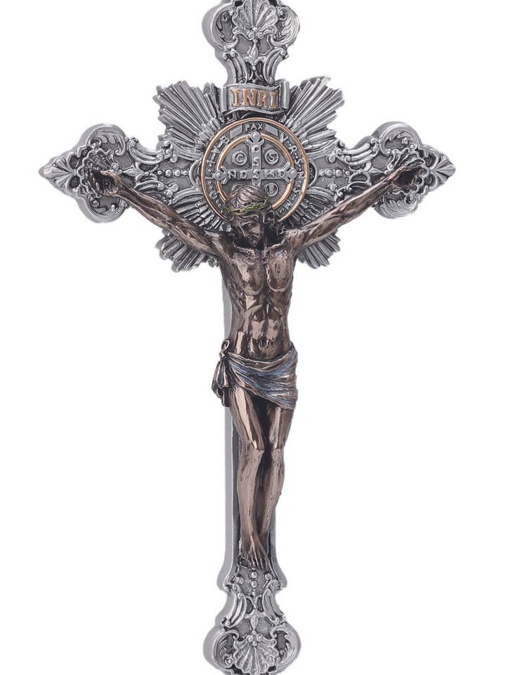 St. Benedict Crucifix Pewter Style/Cold Cast Bronze 14" for wholesale by Goldscheider of Vienna
