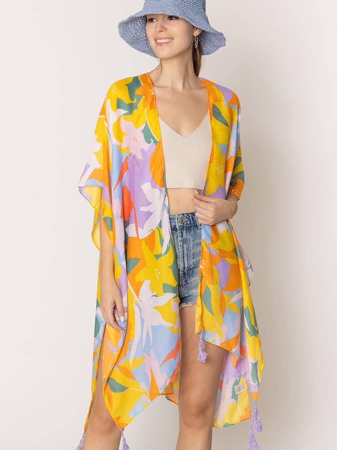 Kimono d'été à pompons à imprimé floral pour la vente par Hana