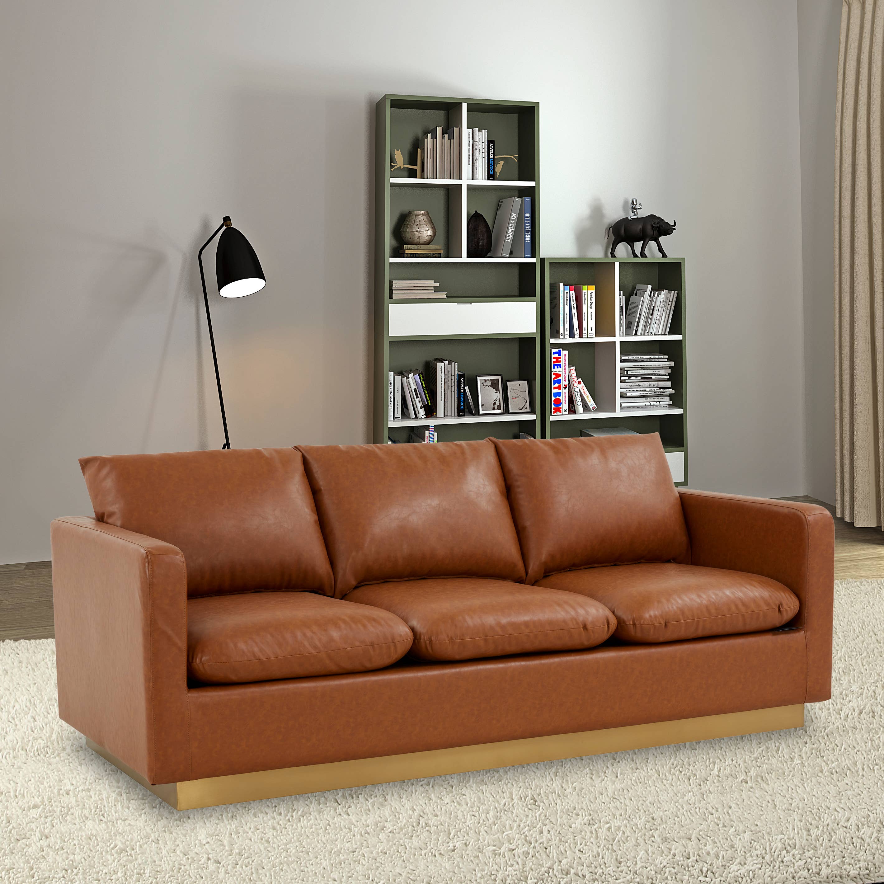 LeisureMod - Wholesale Sofa - Nervo 3-Seater Velvet/Leather Full Sofa with Gold Steel Base22