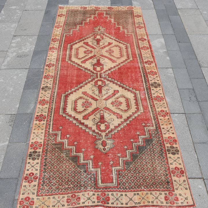 Vintage rood en beige geometrisch tapijt, 3,8x8,7 ft geweven tapijt voor wholesale door Vintage Rugs Loom