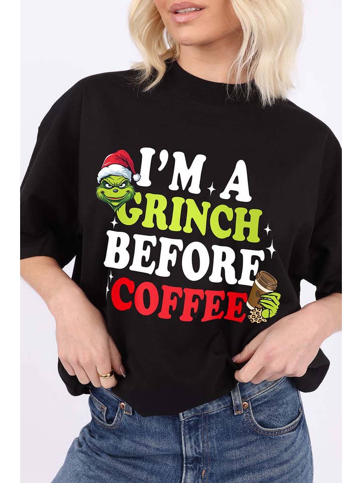Missi Clothing – wholesale Screen printed t-shirt – Women′s – 220GSM Oversize Christmas T-Shirt In Grinch Before Coffee Print8