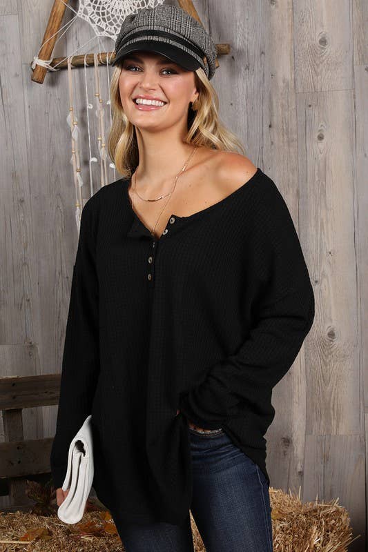 NINEXIS - Wholesale Knit Top - Women's - CWTTL450_BUTTON PLACKET LONG SLEEVE WAFFLE TOP1