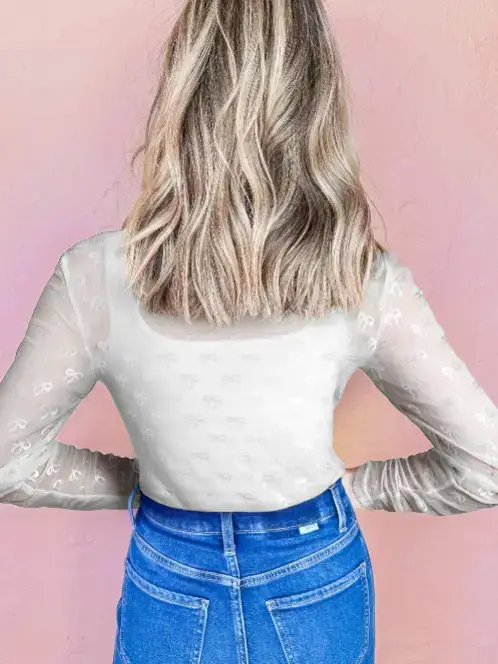 Lovesoft - Wholesale Blouse - Women's - Pink Mesh Bow Pattern Long Sleeve Top9