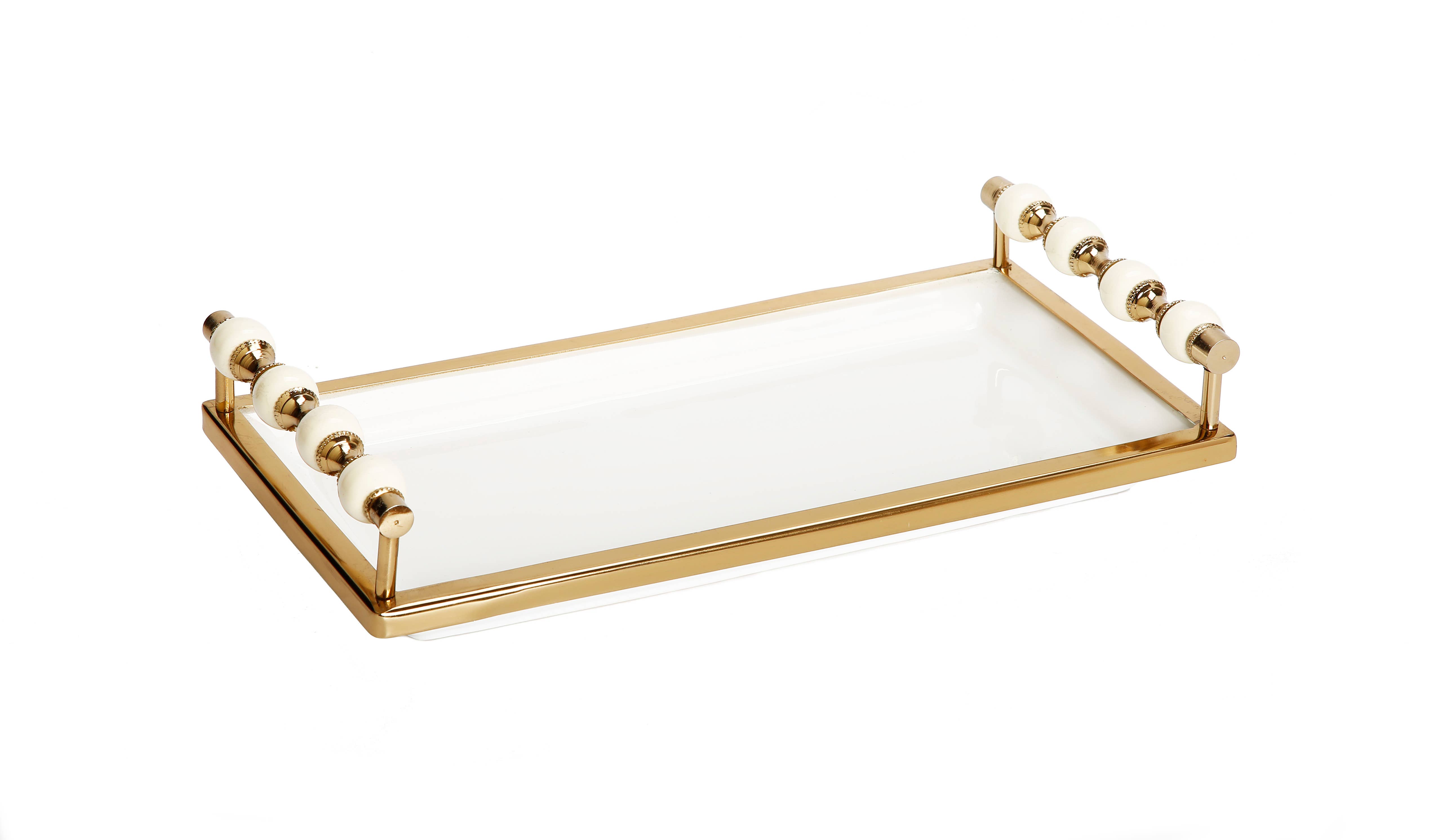 CLASSIC TOUCH DECOR INC. - Wholesale Decorative Tray - White Rectangular Tray with White and Gold beaded Handles1