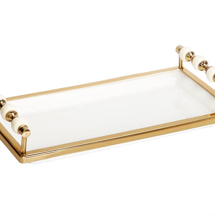 CLASSIC TOUCH DECOR INC. - Wholesale Decorative Tray - White Rectangular Tray with White and Gold beaded Handles1