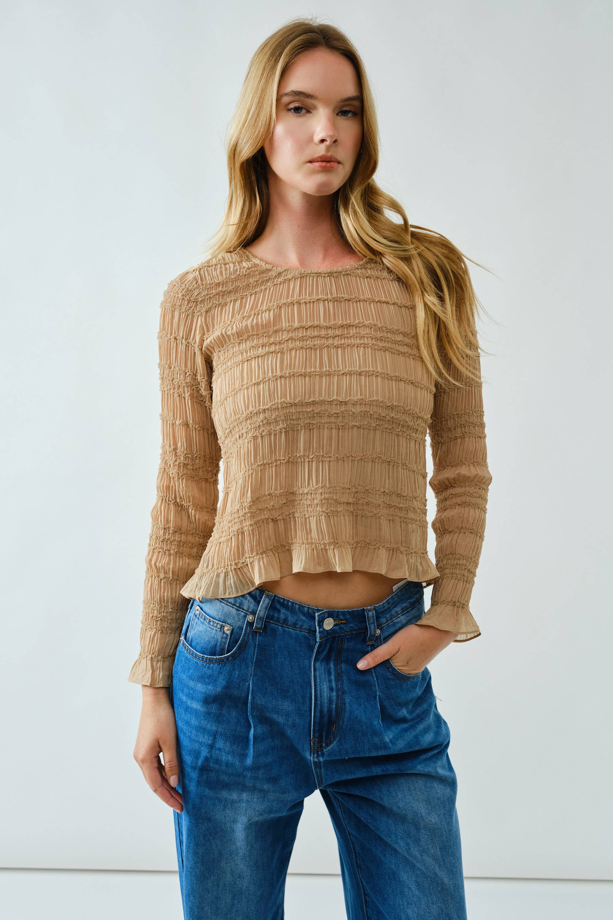 Aaron & Amber - Wholesale Knit Top - Women's - AJT5432 LACE DETAIL SHEER SMOCKING TOP11