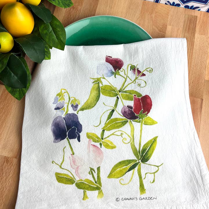 Torchons en sac de farine, pois sucrés, thème jardin pour la vente par Chavah's Garden – Chavah's Garden