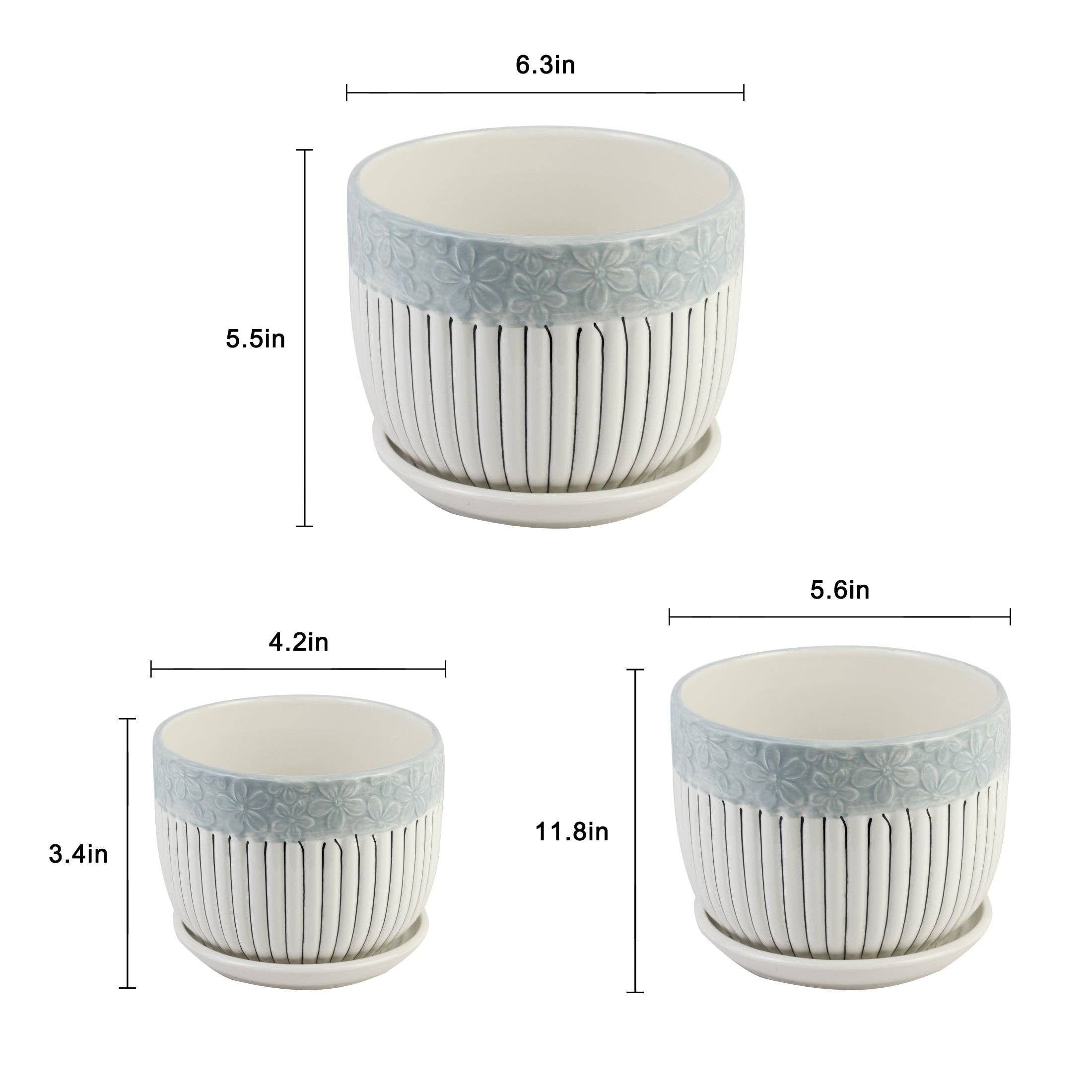 Florinia - Wholesale Plant Pot - 3-Piece Ceramic Planter Pot Set with Embossed Floral Rim and Saucers2