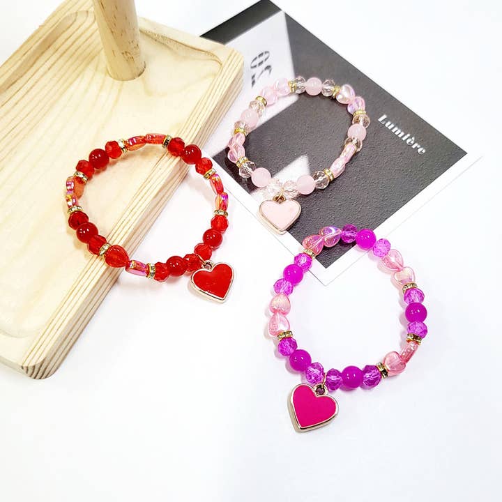 Assorted Color Heart Charm Beaded Stretch Bracelet for wholesale on Faire