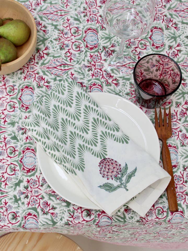 Handblockbedruckte Tischdecke XL Fique Karmesinrot 160 x 340 für den Großhandel von Rozablue