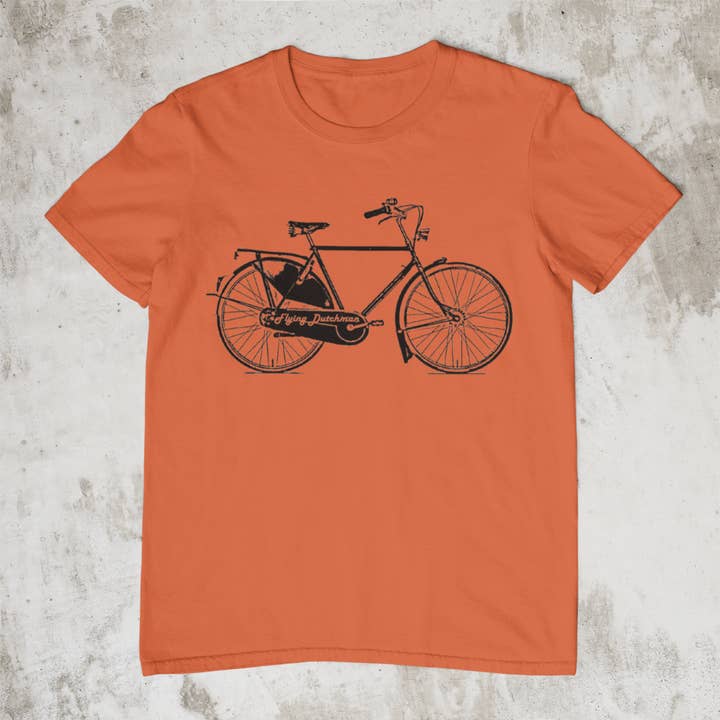 Flying Dutchman uniseks Tee - Oranje t-shirt met zwarte afbeelding voor wholesale door Dutch Bike Printing Co.
