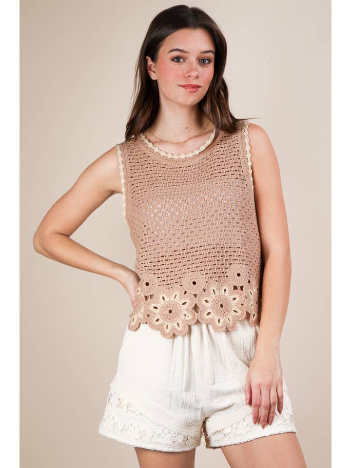 NATURAL NT12140-Floral Trim Detail Crochet Top for wholesale on Faire