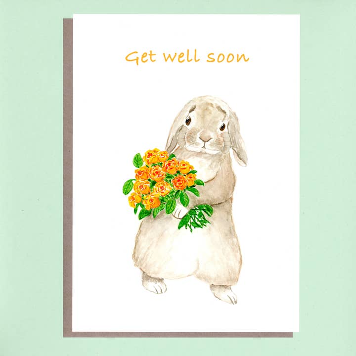 Get well soon - lapin avec bouquet de roses jaunes pour la vente par Flower Bird Art Studio