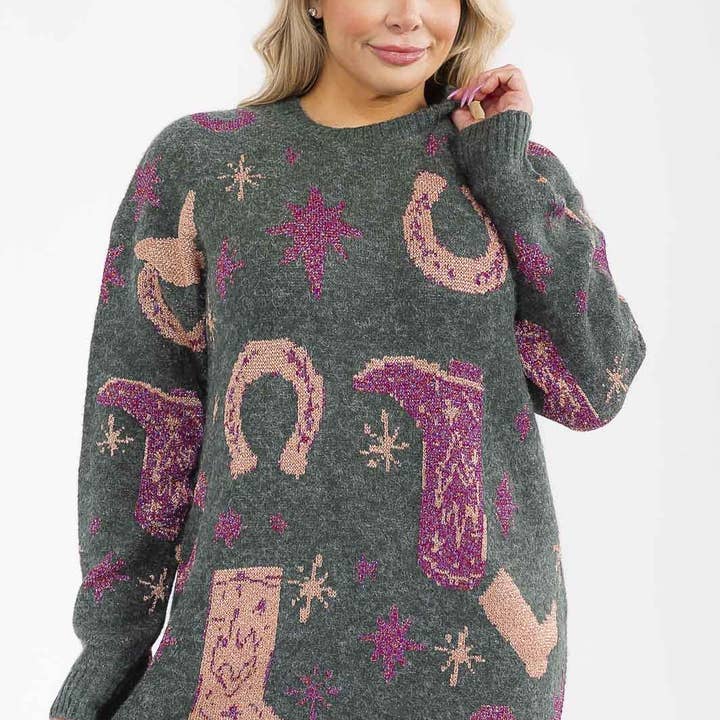 T21093P- Plus size cowboy boot & horseshoe pattern sweater for wholesale by IWT Brands