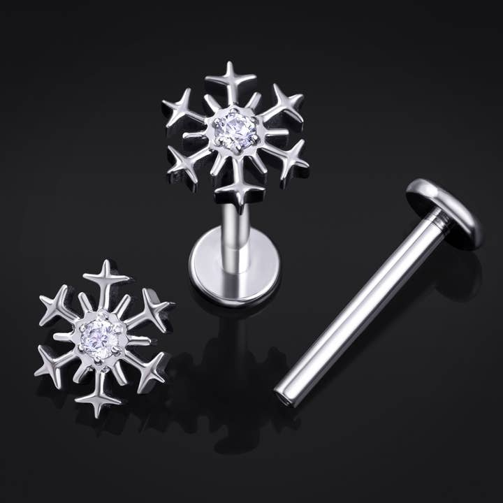 Titanium Internally Threaded Silver Snowflake Labret Stud 1.2mm Gauge for wholesale by Custom Plugs