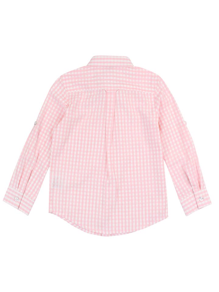 Boys Pink Gingham Check Long Sleeve Button Down Shirt for wholesale on Faire3