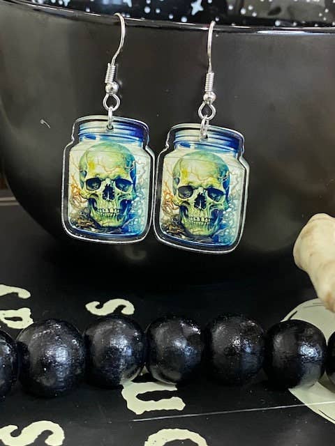 Skull in a Jar Anatomy Halloween Zombie Earrings for wholesale by Briar layne