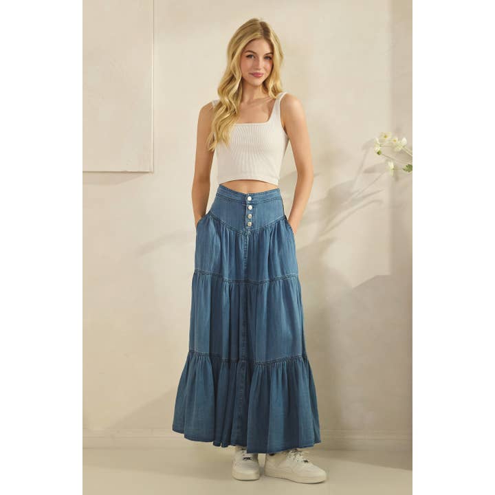 FALDA MAXI DE DENIM CON BOTONES Y CAPAS (SK7750) para venta al por mayor de Sage + Fig
