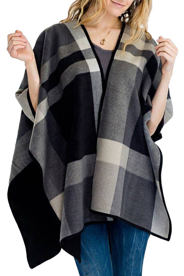 Cap Zone - Wholesale Poncho - Women's - Plaid Faux Cashmere Slit-Sided Open Silhouette Cape Poncho4