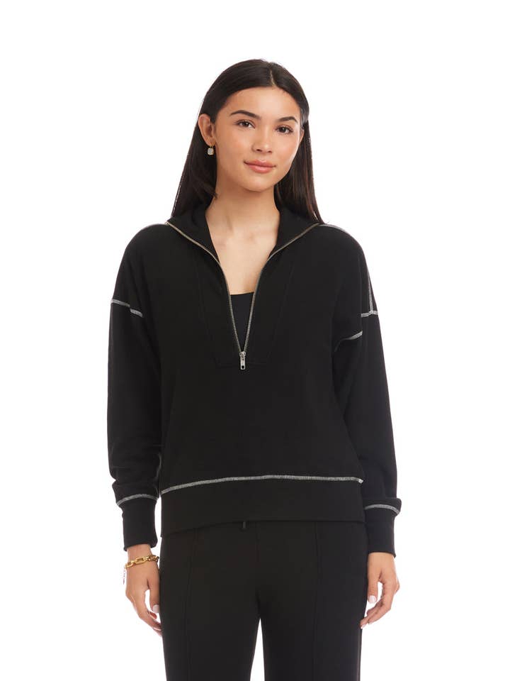 Half-Zip Contrast Stitch Pullover Top for wholesale by Karen Kane