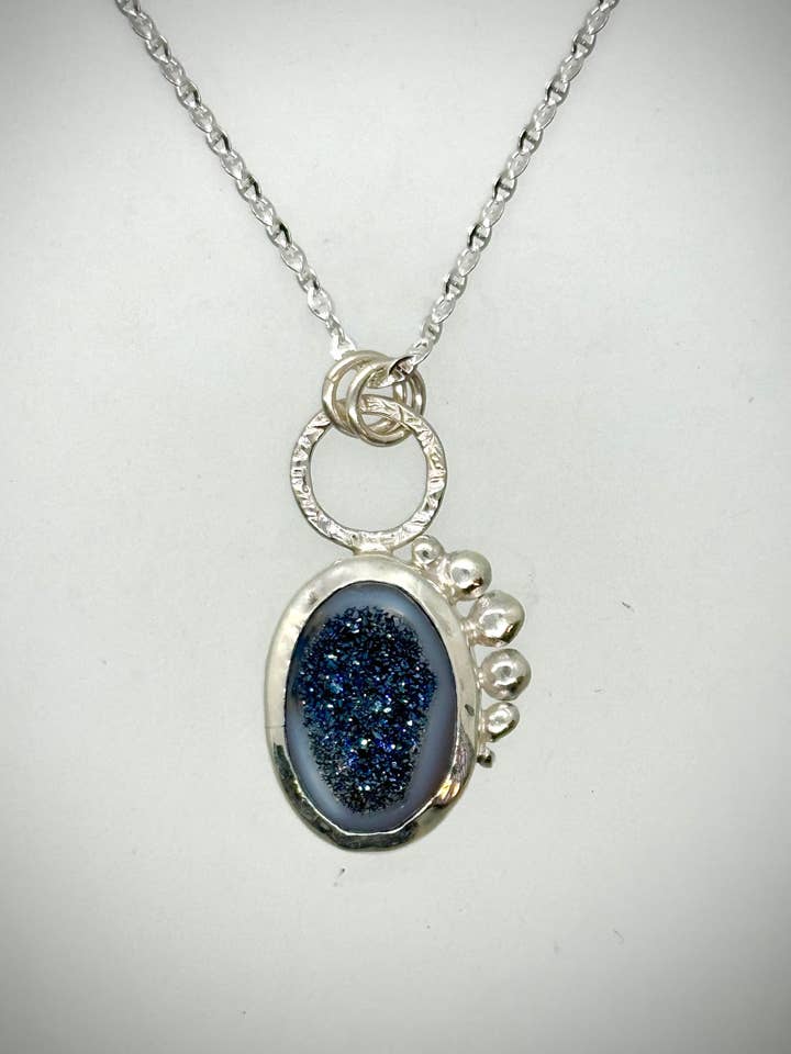Sterling Blue Druzy Bauble Necklace for wholesale by Morgan McGeehan Designs