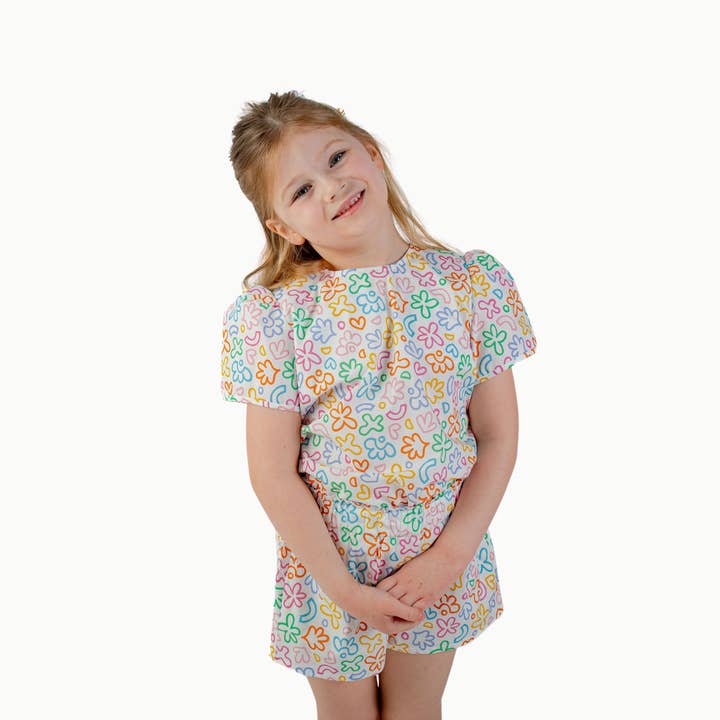 Puff Sleeve Blouse in Rainbow Doodle for wholesale by Nella June