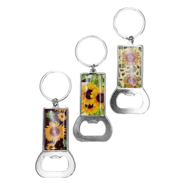 Cap Zone - Wholesale Keychain - Unisex - Sunflower Rectangular Bottle Opener Key Chain