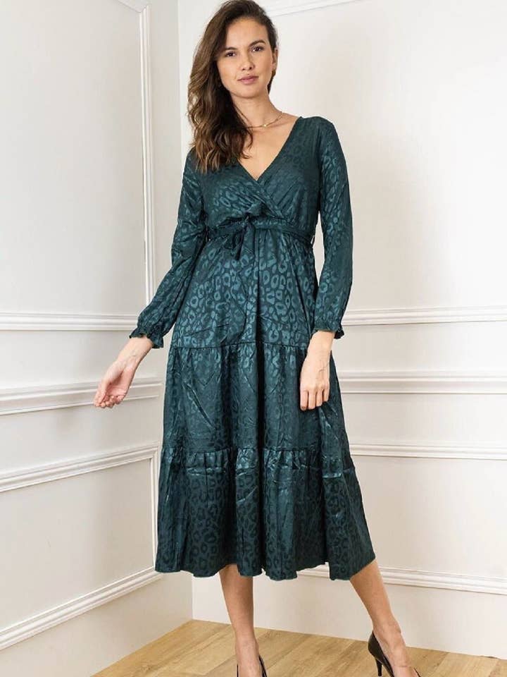 12546-green Long solid wrap dress with leopard for wholesale by Lilie Rose