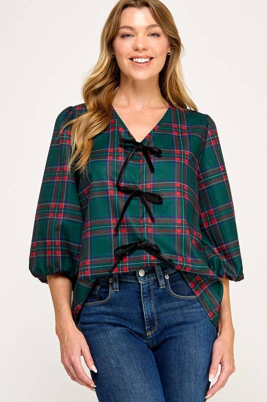 MintChoco - Wholesale Screen Printed T-Shirt - Women's - Plaid Holiday tie front blouse23