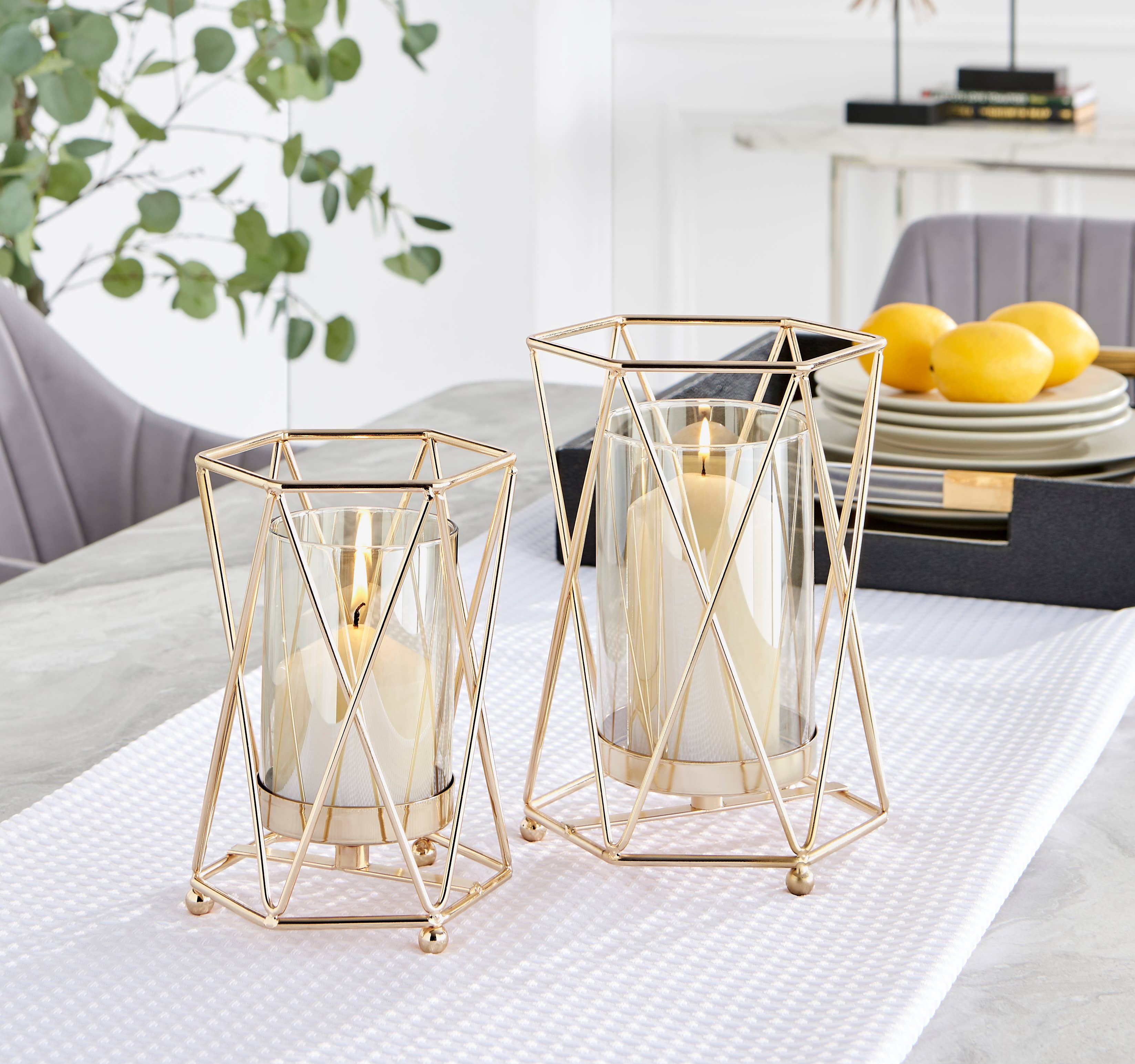 Danya B - Wholesale Candle Holder - Prism Warm Gold Hurricane Candle Holders - Set of 22