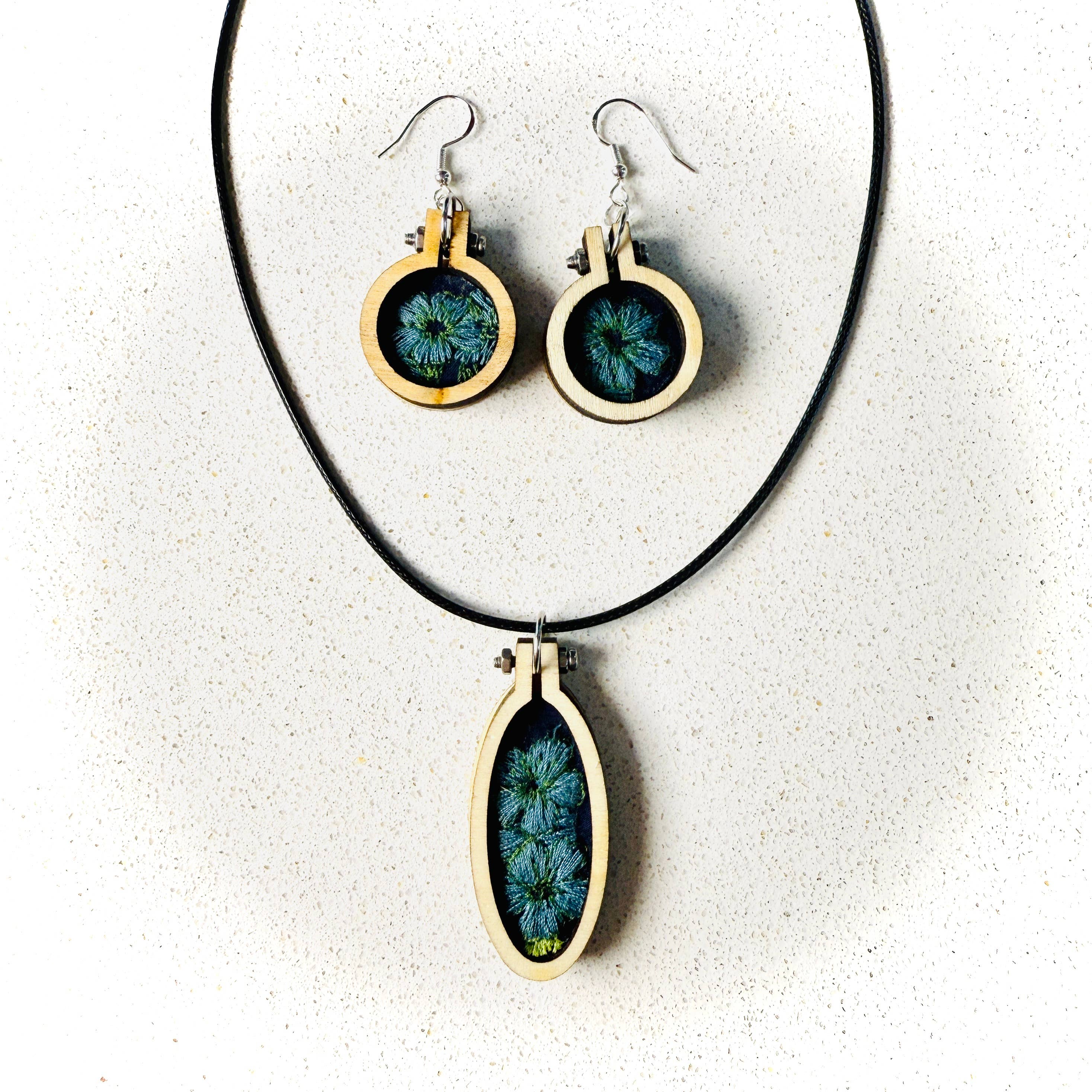 Yarn Revival by NokoKnitCo - Wholesale Dangle Earrings - Blue Flower Embroidered Earrings - Mini Wood Hoops1