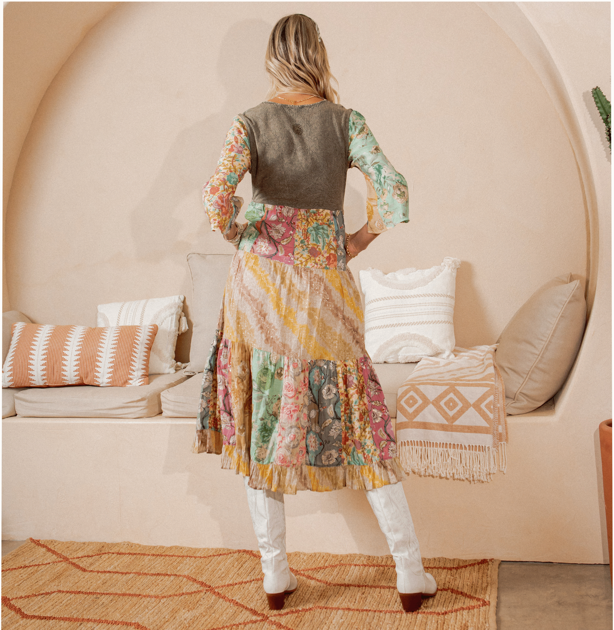 GRAVEL Rustic Bohemian : A-Line Patchwork Midi Dress  for wholesale on Faire3