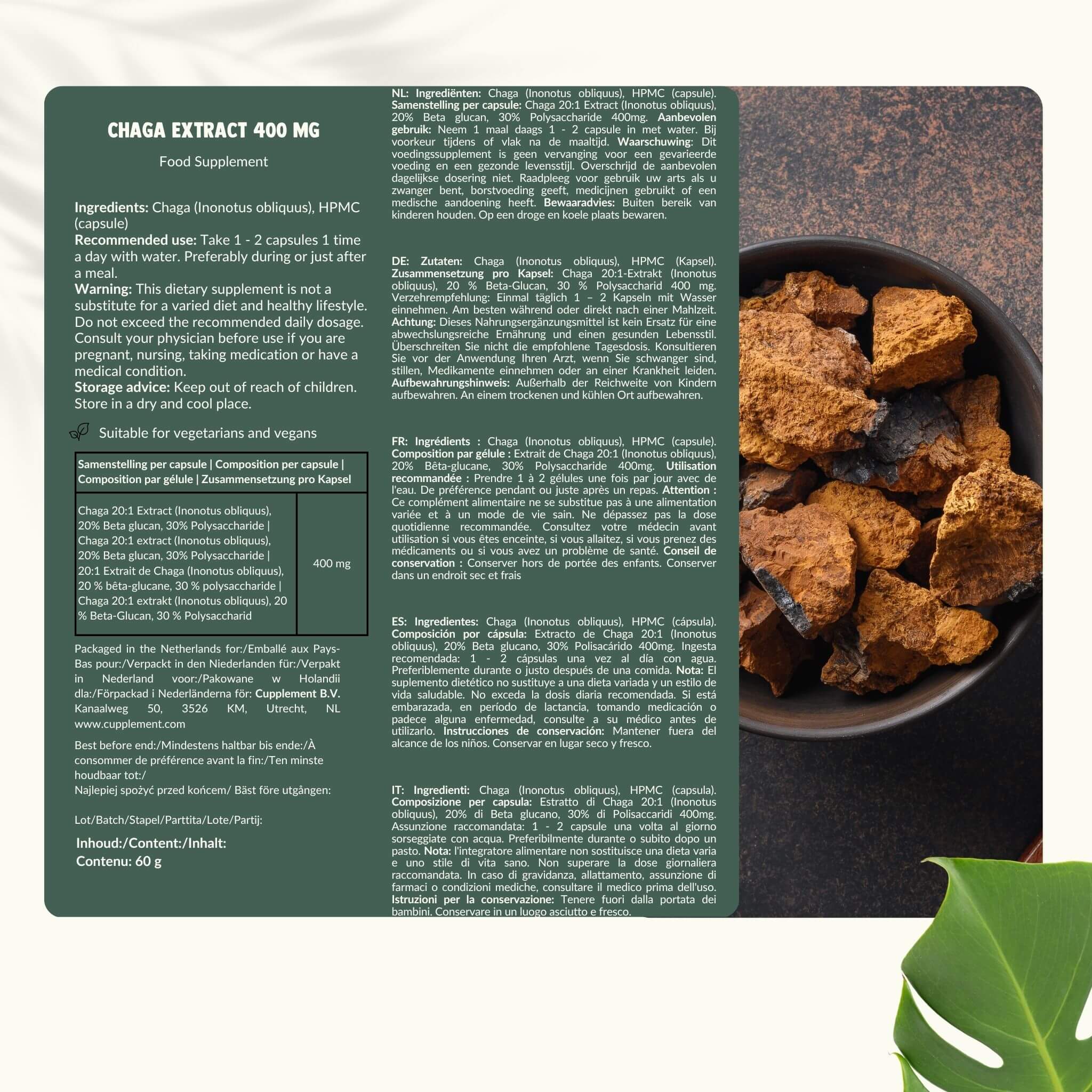 Cupplement b.v. - Wholesale Oral Supplement/Vitamin - Chaga Extract Capsules 400mg Organic  60 Capsules6