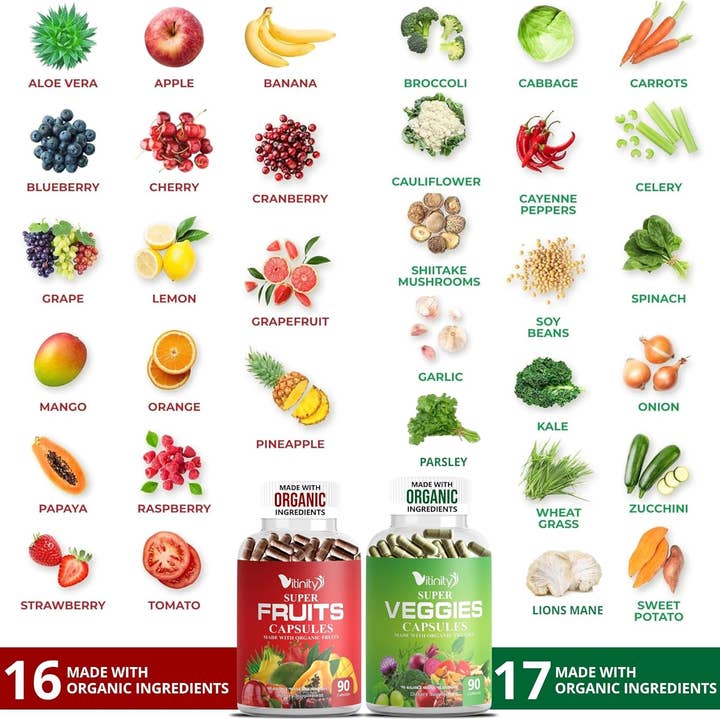 Vitinity – Engroshandel Kosttilskud og vitaminer – Fremstillet med økologiske frugter og grøntsager kapsler - Superfood grøntsagsvitamintilskud til kvinder og mænd - Bland af frugter og grøntsager til daglig sundhed. Frugt- og grøntsagstilskud (30-dages forbrug)2