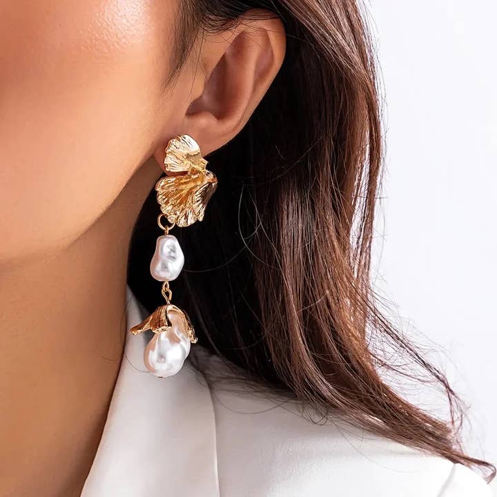 Pearl Bud Fan Leaf Drop Statement Earrings for wholesale by Nicholls Jewellery