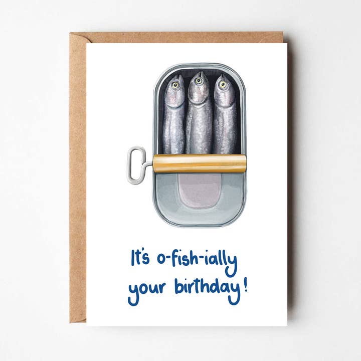 It's O-fish-ially Your Birthday - Funny Sardine Fish Card for wholesale by Katie Tinkler illustration