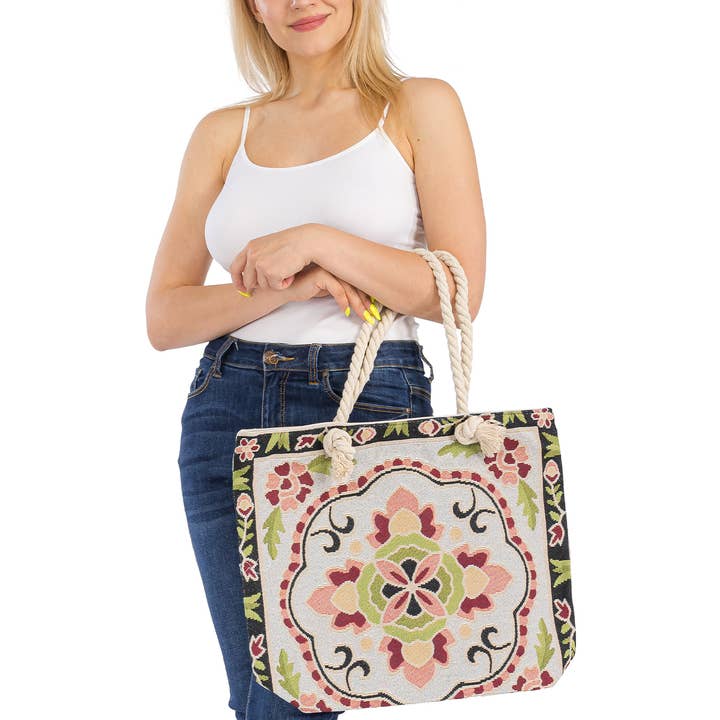 Cap Zone – wholesale Bärkasse - Dam – Blommig Mandala Tapestry Rope Handtag Canvas Tygväska