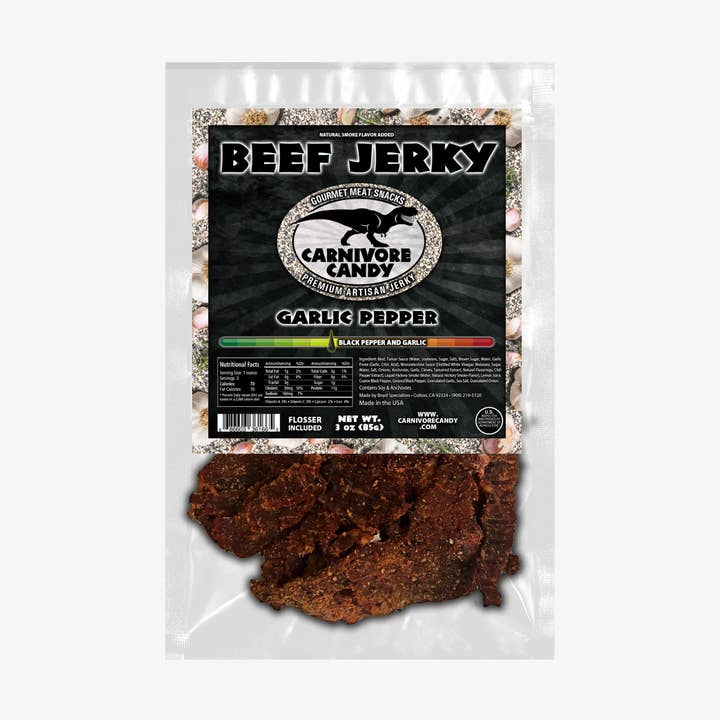 Carnivore Candy Bœuf Séché Ail Poivre 85g. pour la vente par Fizz and Sweets Wholesale