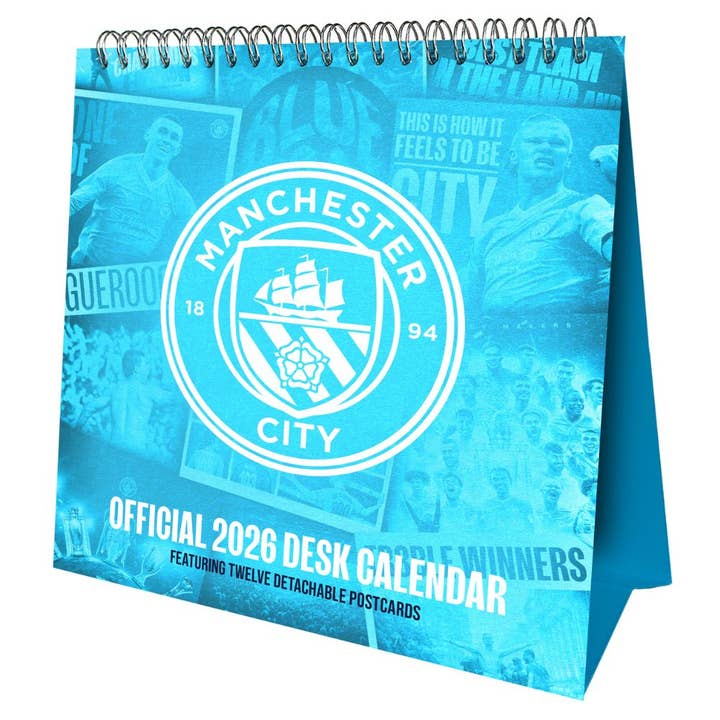 MANCHESTER CITY FC 2026 POSTCARD DESK EASEL CALENDAR for wholesale by Danilo Promotions Ltd