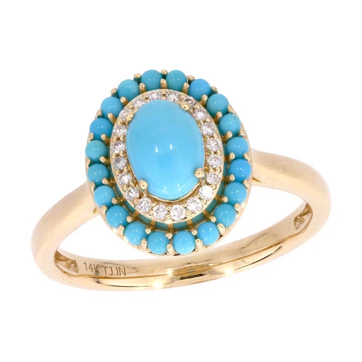 CR96844TQ7X5. Anello antico in oro massiccio 14K con turchese e diamante. per la vendita all'ingrosso da parte di Tresor Jewelry Inc.