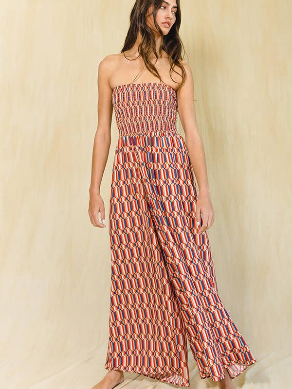 R5177C Wide Legs Smocked Floral Print Jumpsuit for wholesale by BUCKETLIST INC