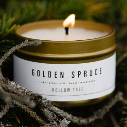 Golden Spruce | Travel Tin Candle 4 oz | Coconut Wax for wholesale by Hollow Tree Candle Co