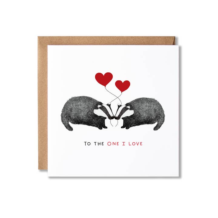 Badger Couple Heart Balloons To The One I Love Card for wholesale by Badgerbee Design