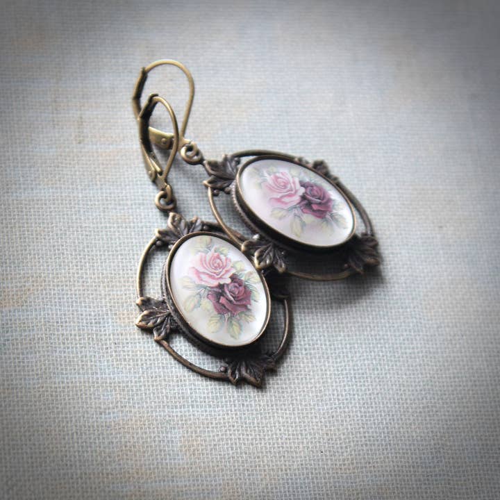Circa 1890 - Wholesale Dangle Earrings - Large Frosted Floral Cameo Earrings in Vintage Style