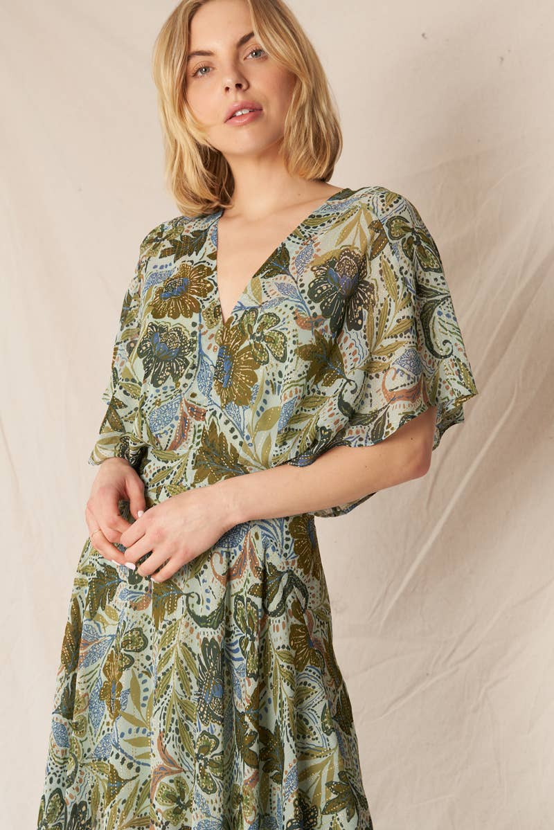 Vert Multi Robe longue en gaze imprimée à col en V en vente sur Faire3